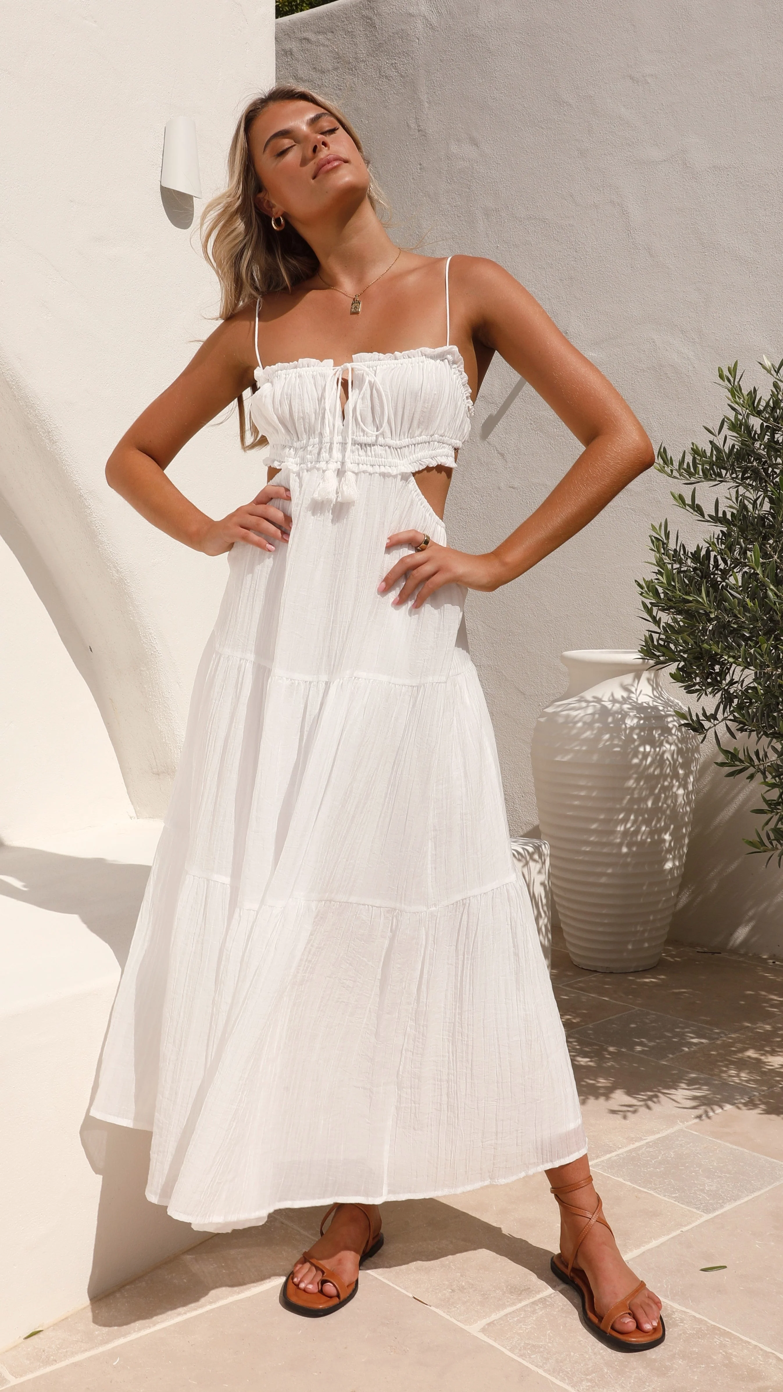 Women's Maxi Dress – Bohemian Style – Spaghetti Straps – Ruched Top – Cut-Out Waist - Image 10