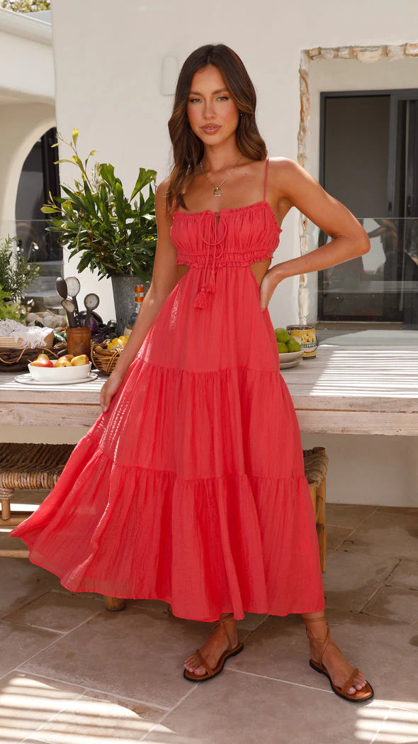 Women's Maxi Dress – Bohemian Style – Spaghetti Straps – Ruched Top – Cut-Out Waist - Image 5