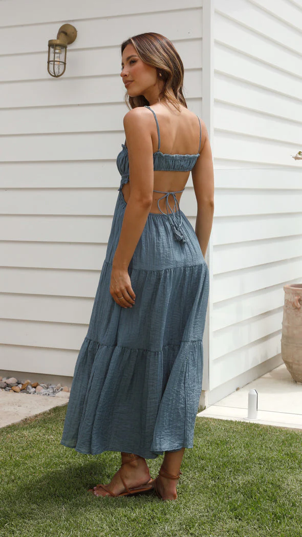 Women's Maxi Dress – Bohemian Style – Spaghetti Straps – Ruched Top – Cut-Out Waist - Image 7