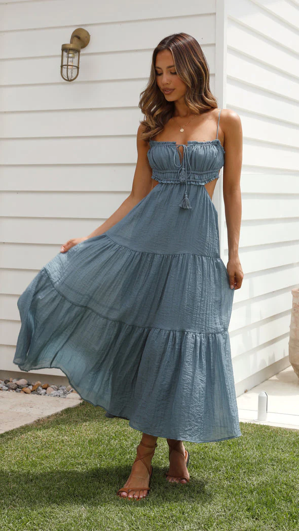 Women's Maxi Dress – Bohemian Style – Spaghetti Straps – Ruched Top – Cut-Out Waist - Image 8