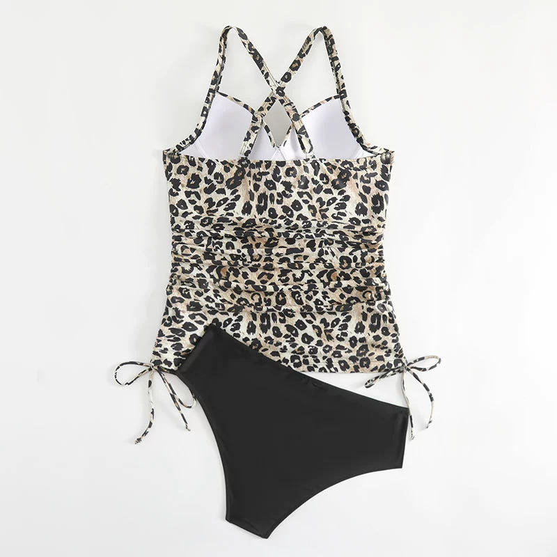 Women’s Tankini Set – Leopard Print Top with Ruched Sides – Cross-Back– Tie Bikini Bottom - Image 3