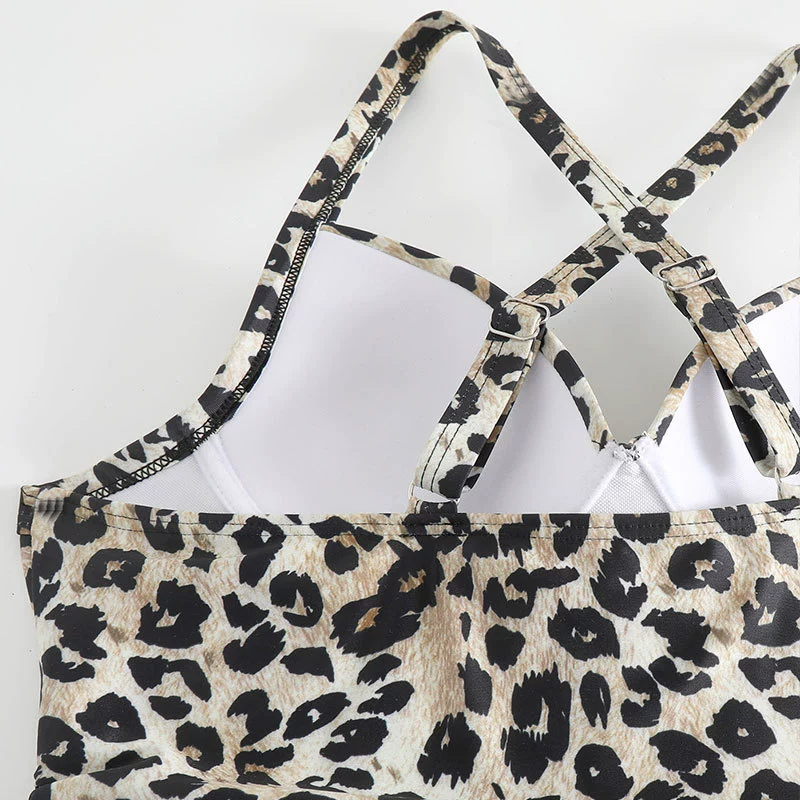 Women’s Tankini Set – Leopard Print Top with Ruched Sides – Cross-Back– Tie Bikini Bottom - Image 5