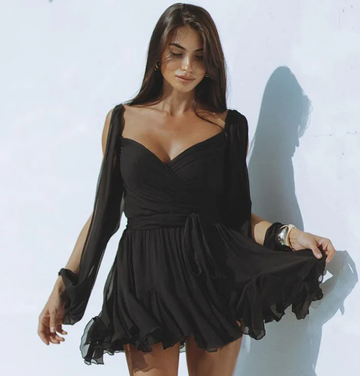 Ladies Dress – Mini Length – Off Shoulder – Flowy Sleeves – Fit & Flare – Ruffle Hem - Image 2