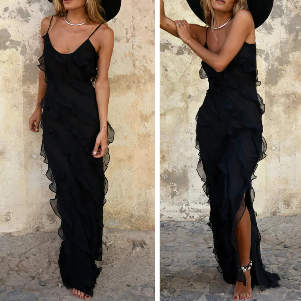 Ladies Evening Dress – Long Dress – Slim Fit – Spaghetti Straps – Ruffles – Slit - Image 2