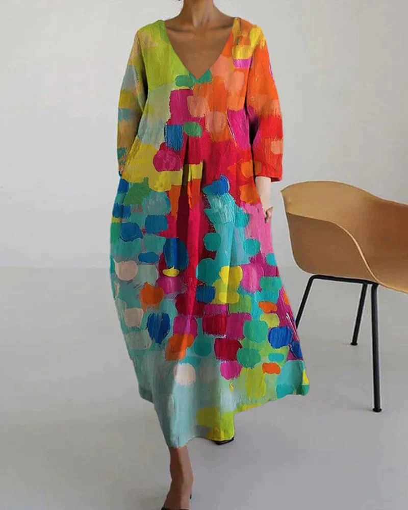 Women's Dress β Loose-Fitting Model β V-Neck β Long Sleeves β Airy Fabric β Artistic Print