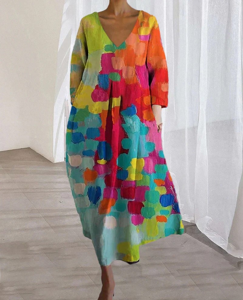 Women's Dress β Loose-Fitting Model β V-Neck β Long Sleeves β Airy Fabric β Artistic Print - Image 2