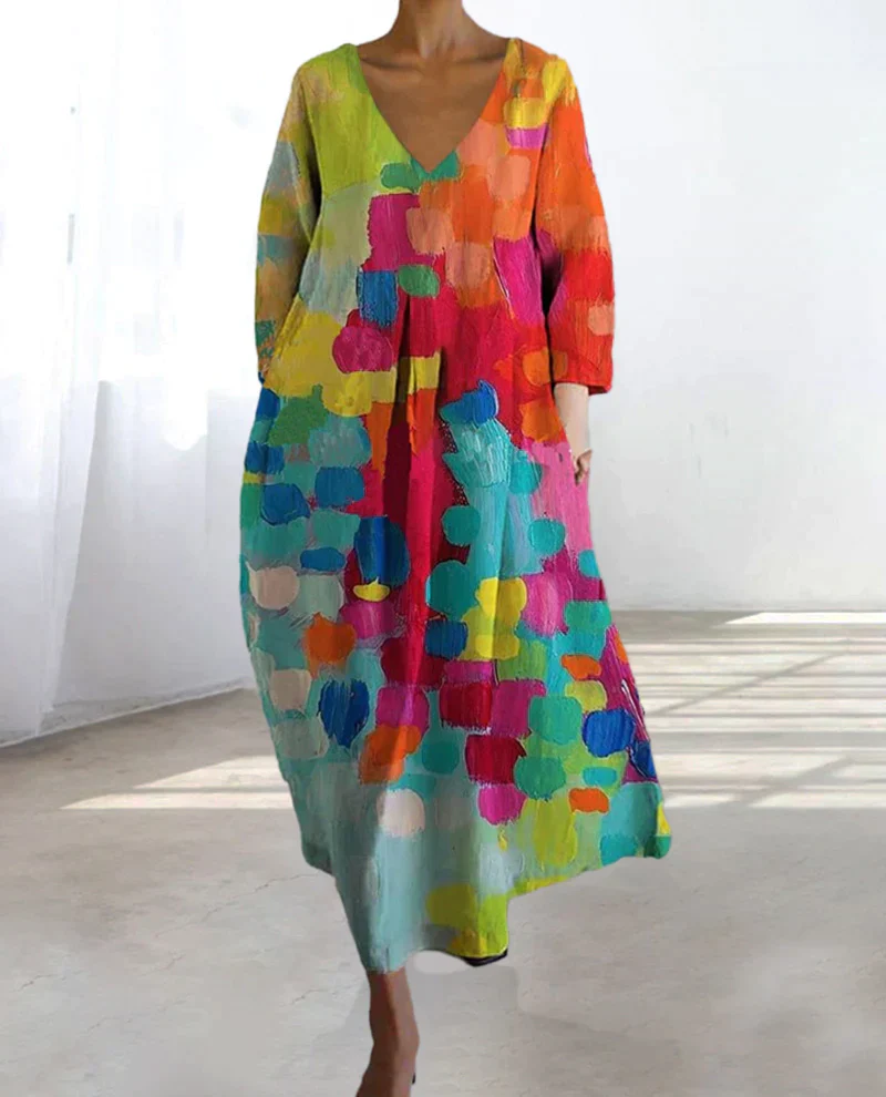 Women's Dress β Loose-Fitting Model β V-Neck β Long Sleeves β Airy Fabric β Artistic Print - Image 3