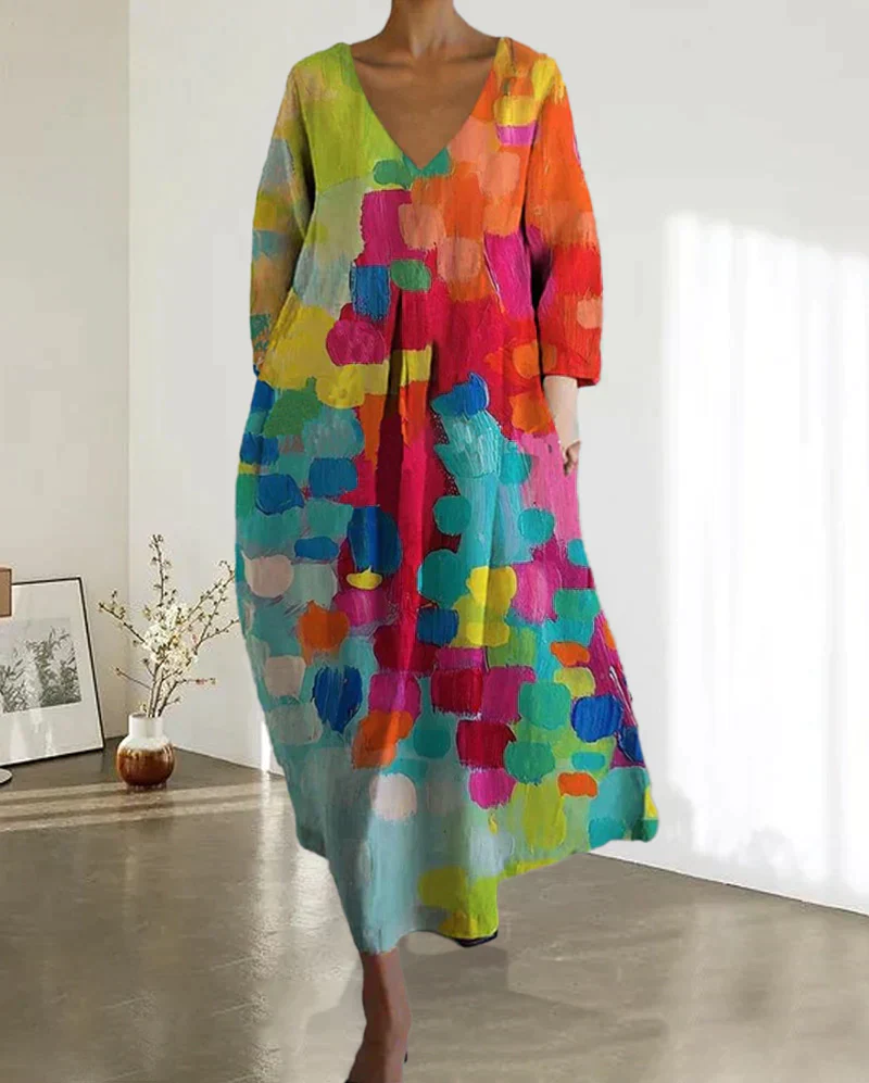 Women's Dress β Loose-Fitting Model β V-Neck β Long Sleeves β Airy Fabric β Artistic Print - Image 4