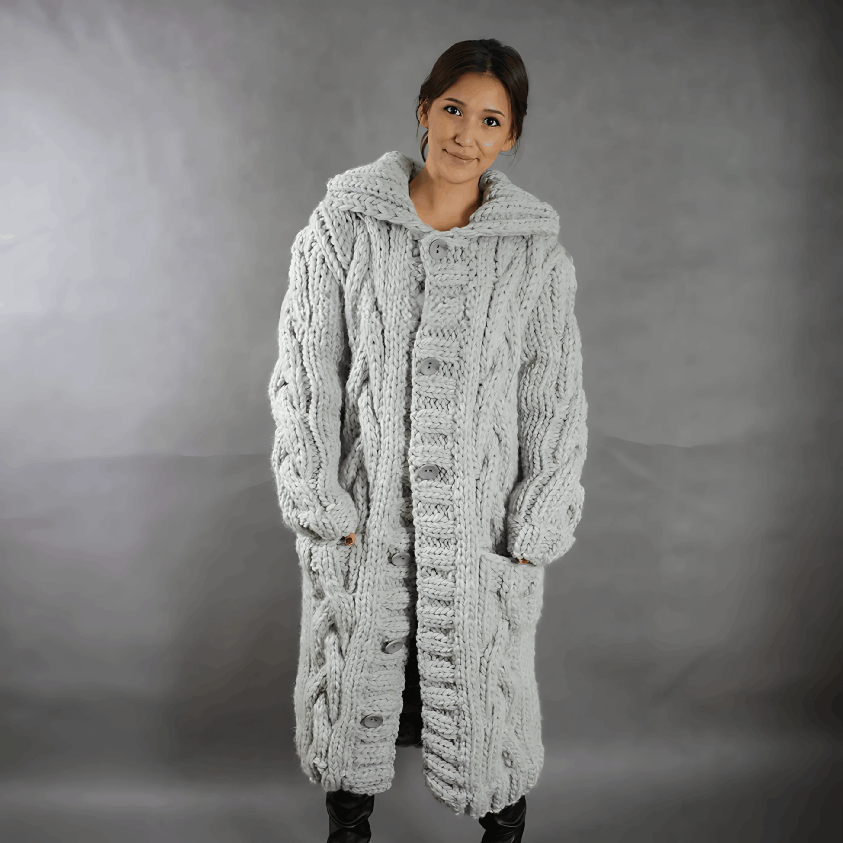 Ladies Long Knitted Cardigan – Cable Knit – With Hood – Buttons – Comfort Fit - Image 2