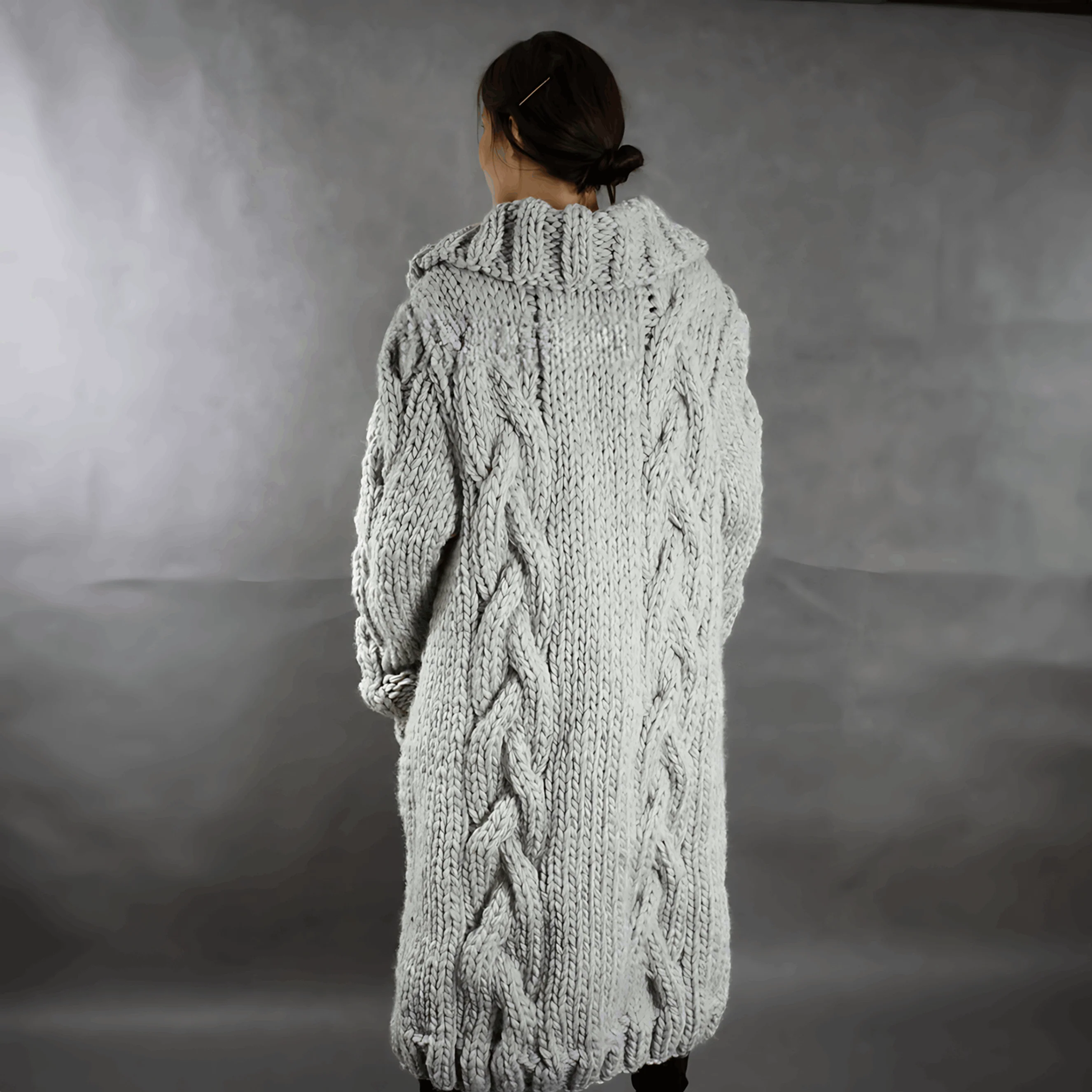 Ladies Long Knitted Cardigan – Cable Knit – With Hood – Buttons – Comfort Fit - Image 3