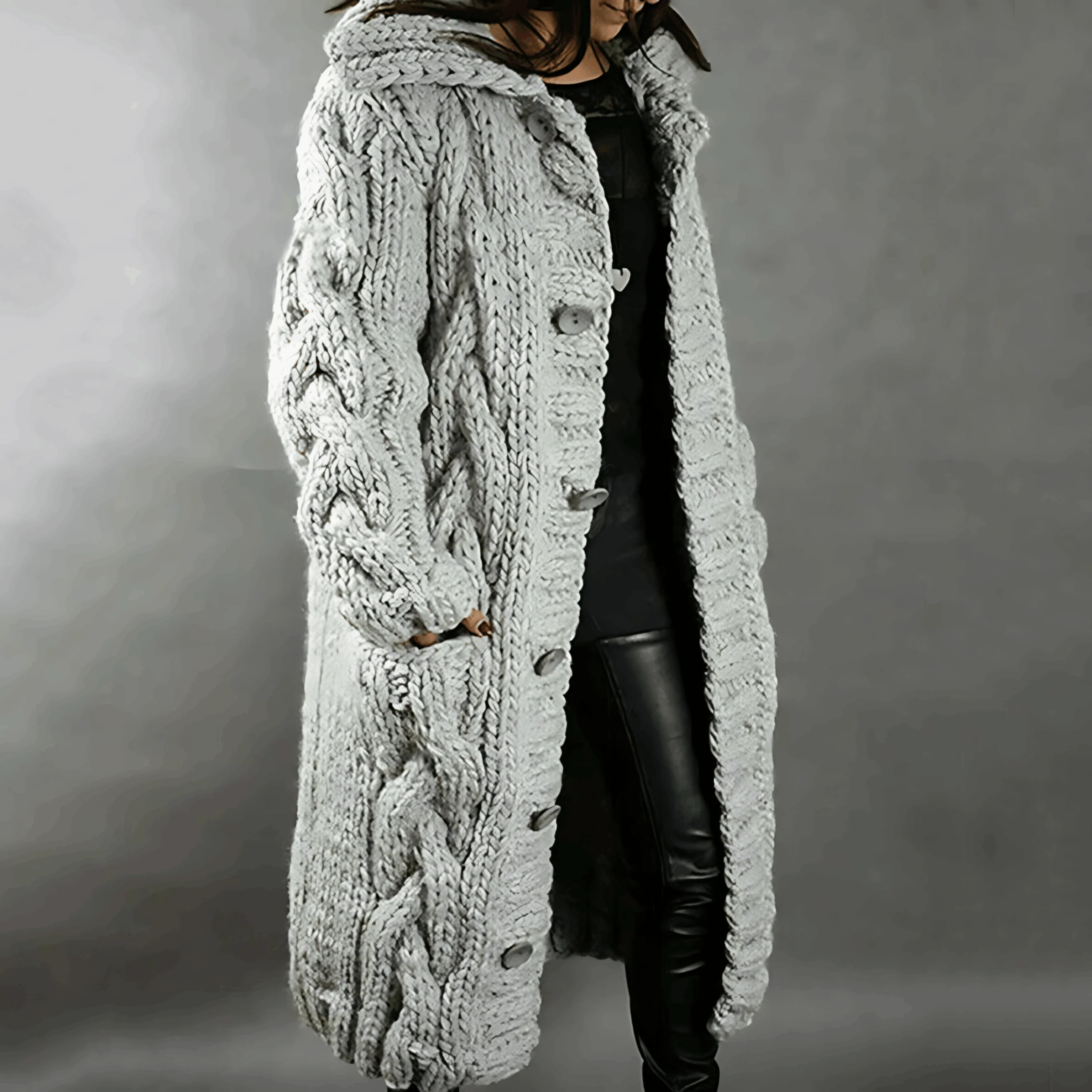 Ladies Long Knitted Cardigan – Cable Knit – With Hood – Buttons – Comfort Fit - Image 4