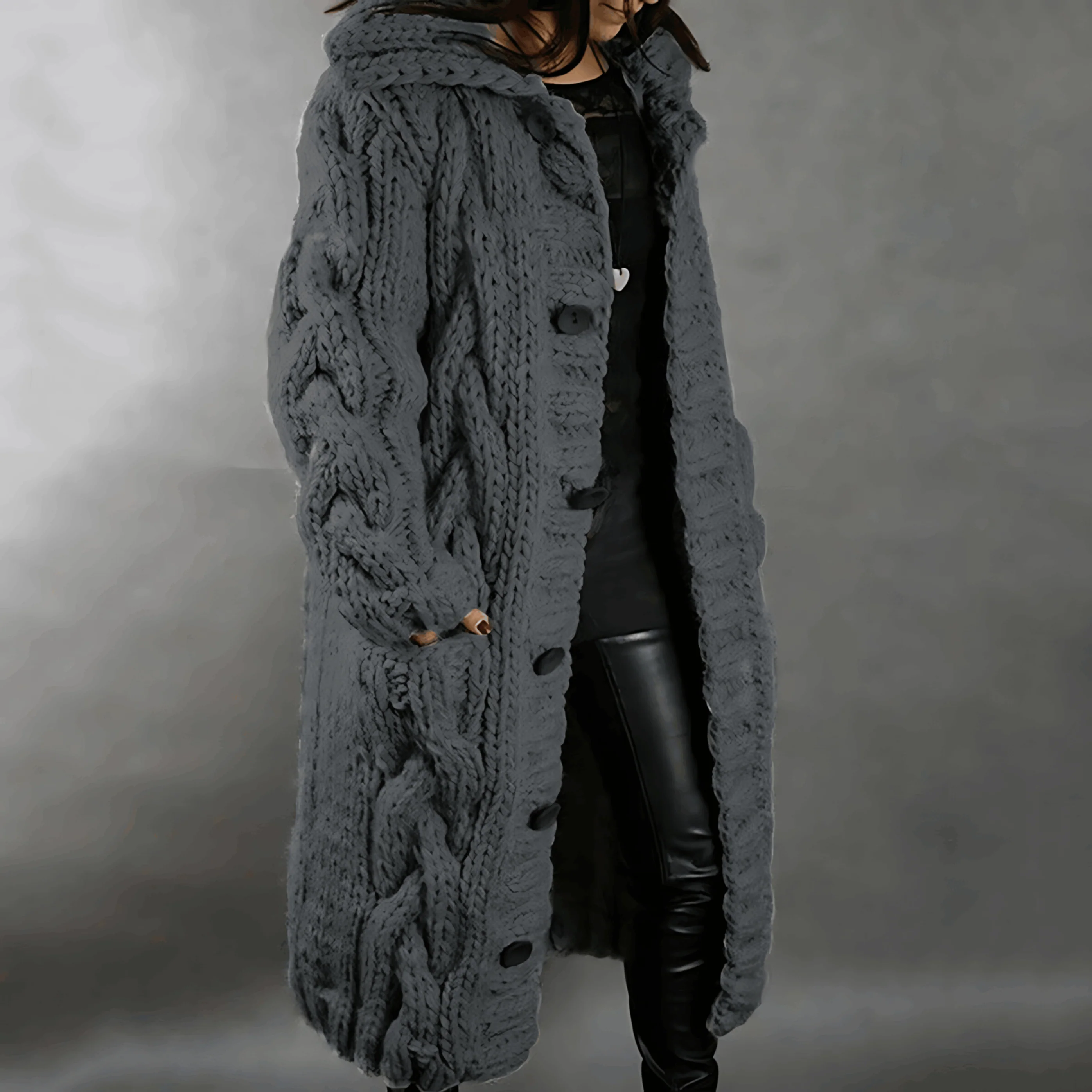 Ladies Long Knitted Cardigan – Cable Knit – With Hood – Buttons – Comfort Fit - Image 5