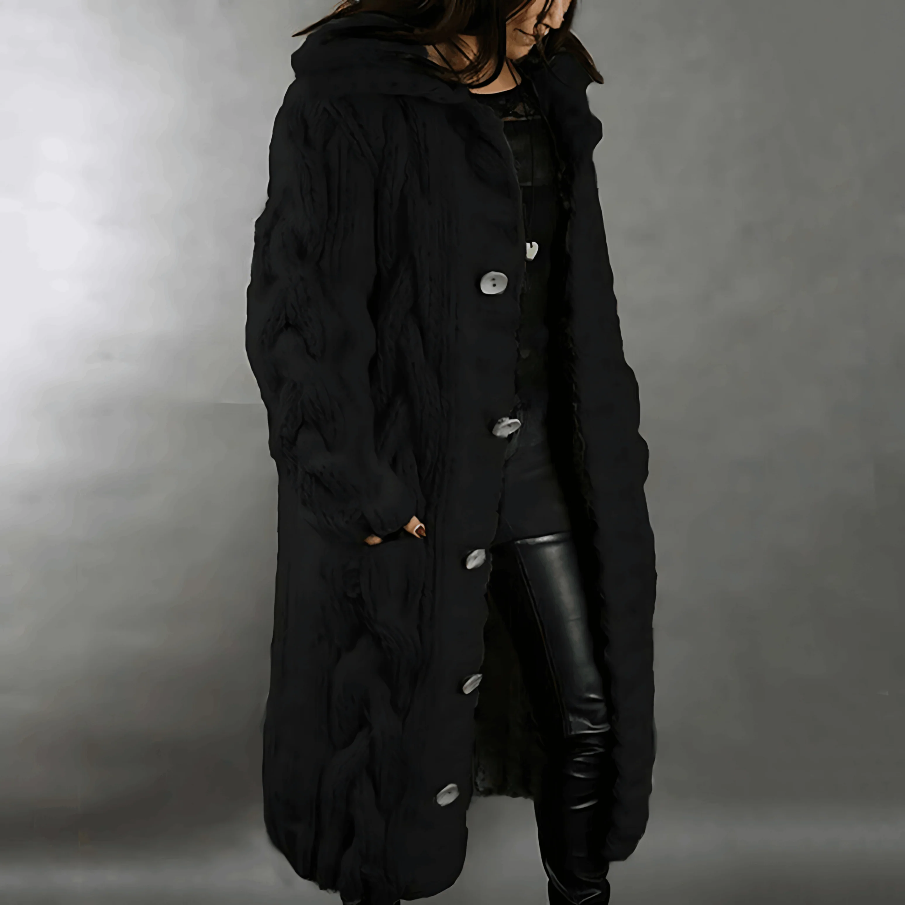 Ladies Long Knitted Cardigan – Cable Knit – With Hood – Buttons – Comfort Fit - Image 6