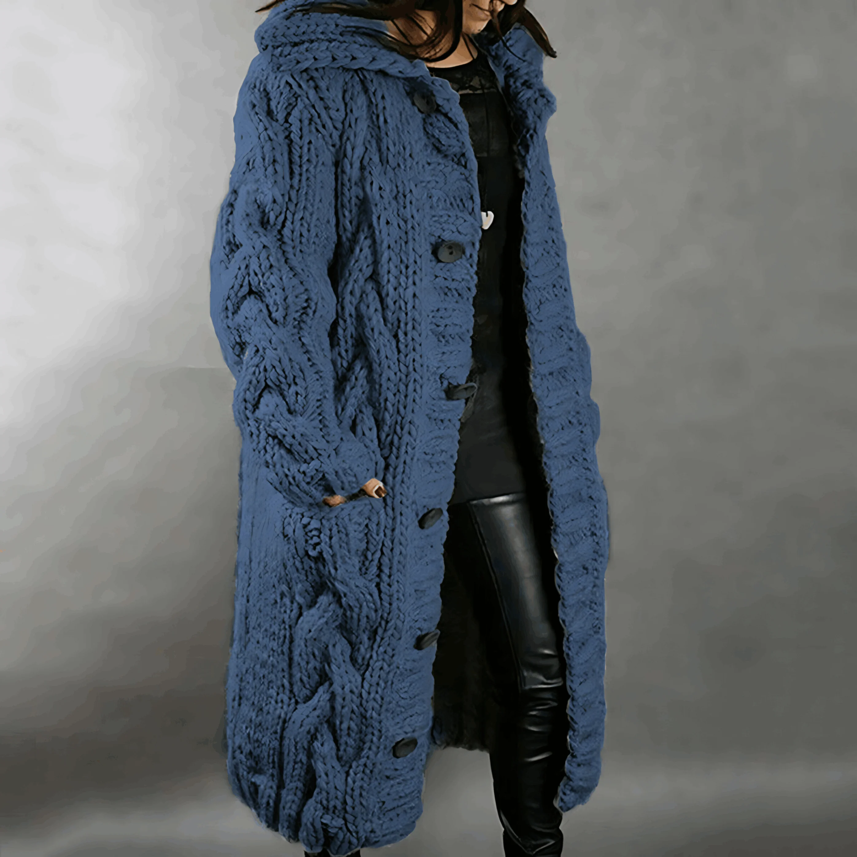 Ladies Long Knitted Cardigan – Cable Knit – With Hood – Buttons – Comfort Fit - Image 7
