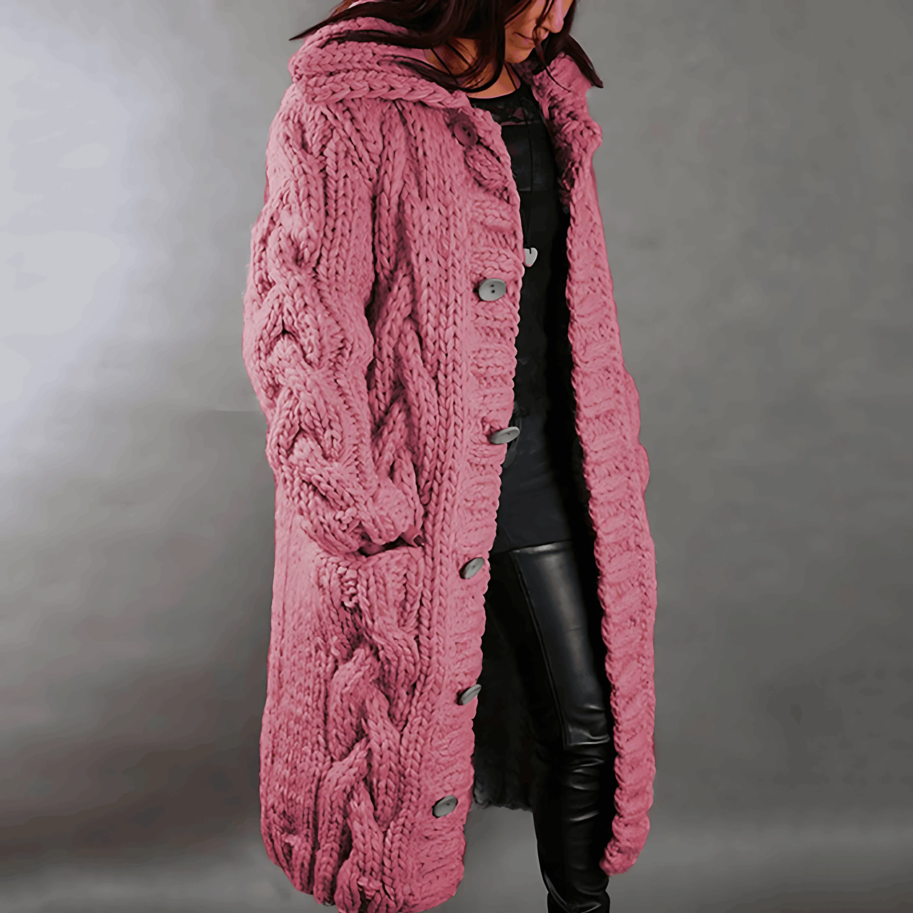 Ladies Long Knitted Cardigan – Cable Knit – With Hood – Buttons – Comfort Fit - Image 8