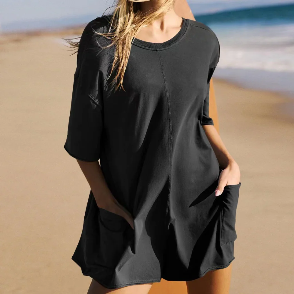Women's T-shirt Dress – Oversized Fit – Short Sleeves – With Pockets – Comfort Style - Image 5