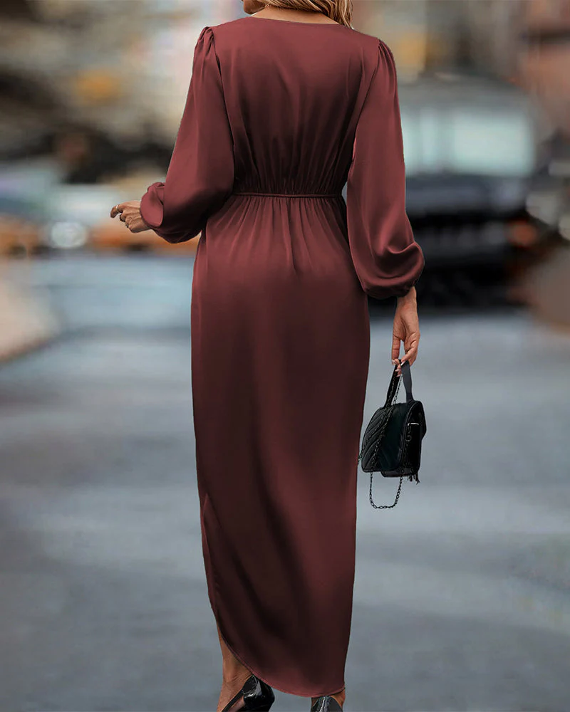 Ladies Wrap Dress - Elegant Fit - Deep V-Neck - Long Puff Sleeves - Asymmetrical Hem - Image 2