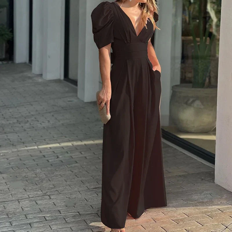 Ladies Jumpsuit - Elegant V-Neck - Puff Sleeve - Wide Legs - With Waistband and Pockets - Image 2