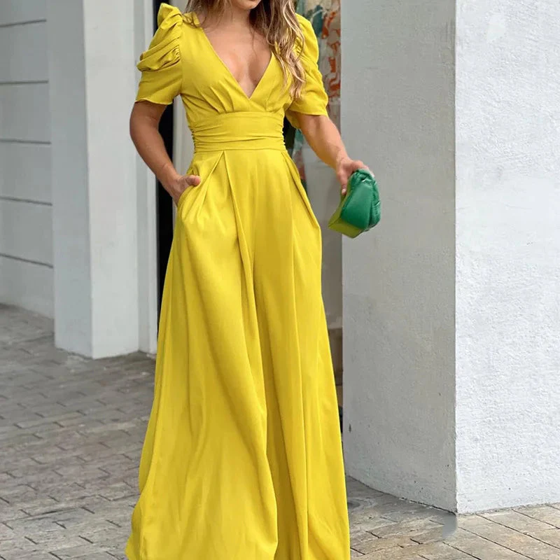 Ladies Jumpsuit - Elegant V-Neck - Puff Sleeve - Wide Legs - With Waistband and Pockets - Image 3
