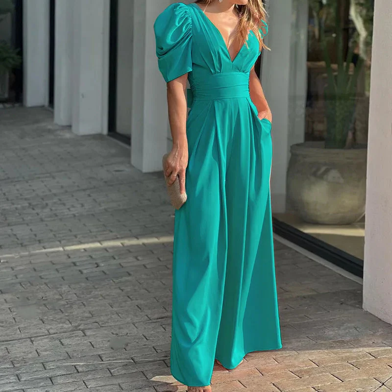 Ladies Jumpsuit - Elegant V-Neck - Puff Sleeve - Wide Legs - With Waistband and Pockets - Image 4
