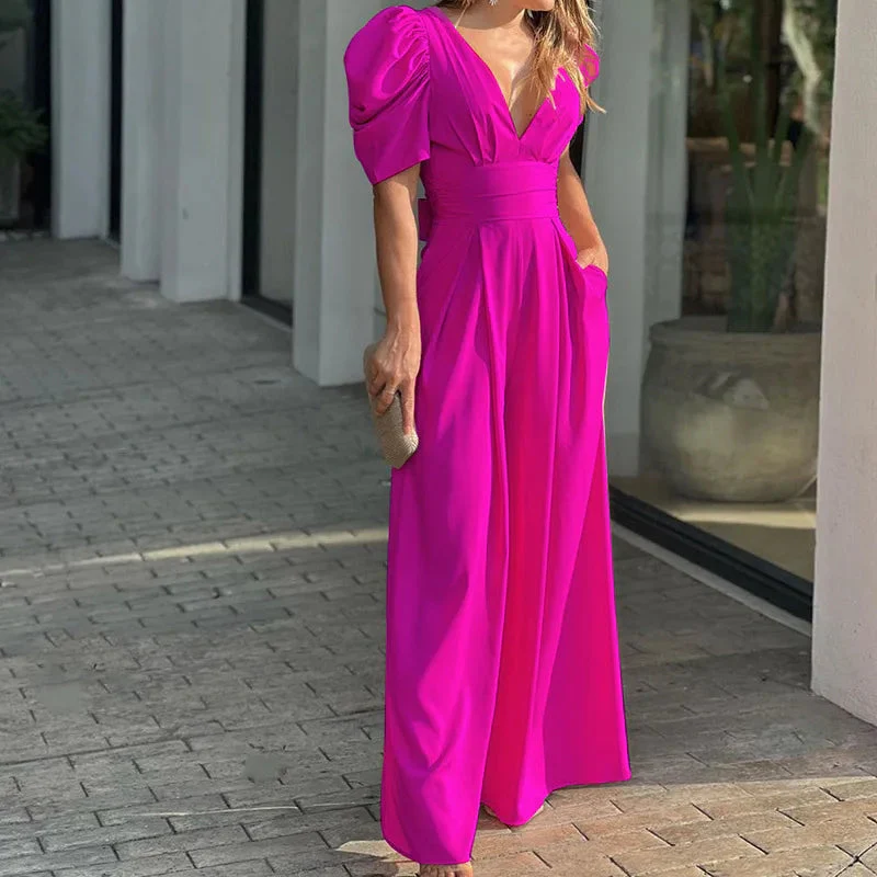 Ladies Jumpsuit - Elegant V-Neck - Puff Sleeve - Wide Legs - With Waistband and Pockets - Image 5