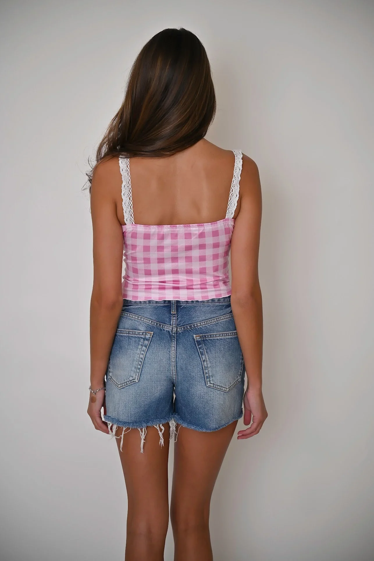 Ladies Top - Gingham Blouse - Lace Details - Adjustable Straps - Slim Fit - Image 4