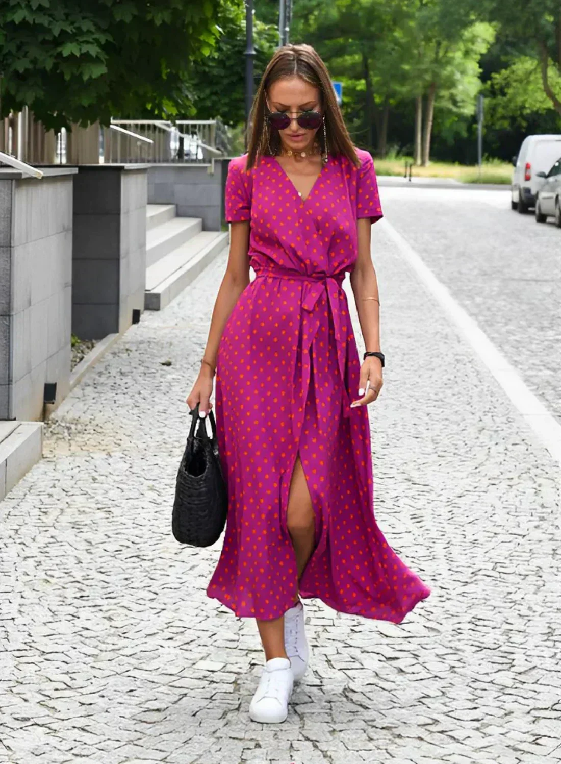 Ladies Wrap Dress – Midi Length – V-Neck – Short Sleeves – Floral Print – Breathable - Image 3