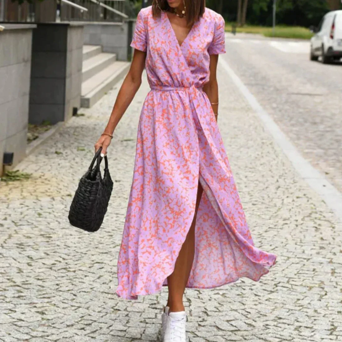Ladies Wrap Dress – Midi Length – V-Neck – Short Sleeves – Floral Print – Breathable - Image 4