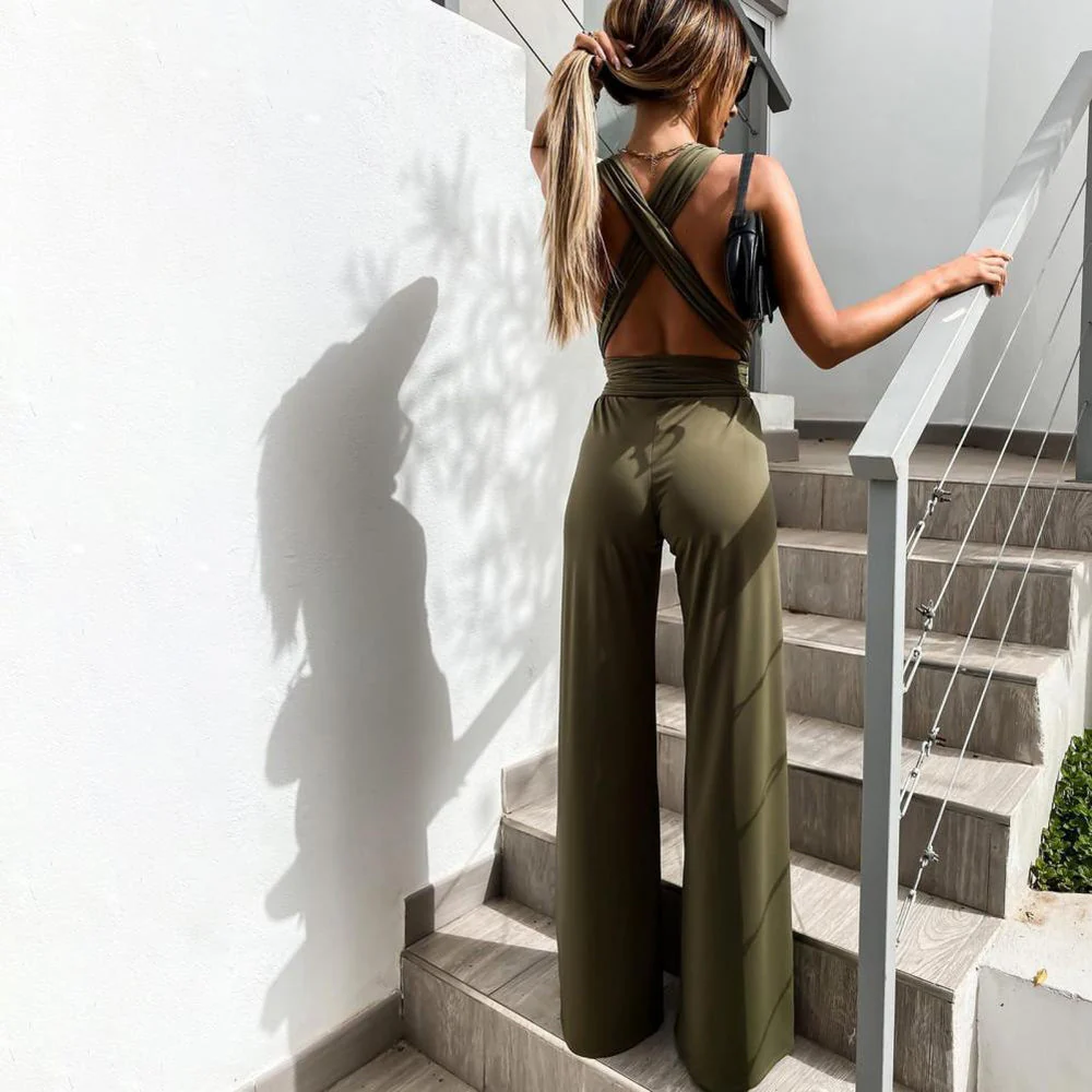 Ladies Jumpsuit - Sleeveless - V-Neck - Wide Legs - Elegant Waist Belt - Image 2