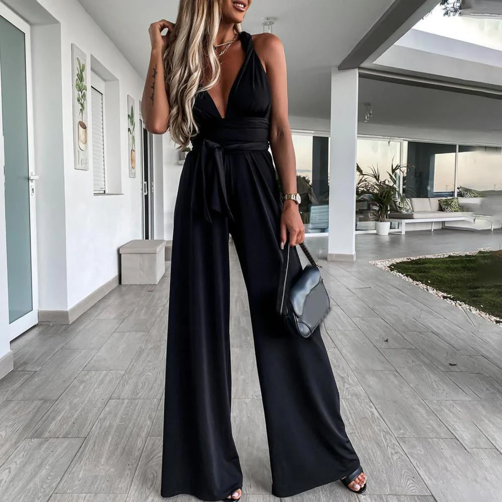 Ladies Jumpsuit - Sleeveless - V-Neck - Wide Legs - Elegant Waist Belt - Image 3