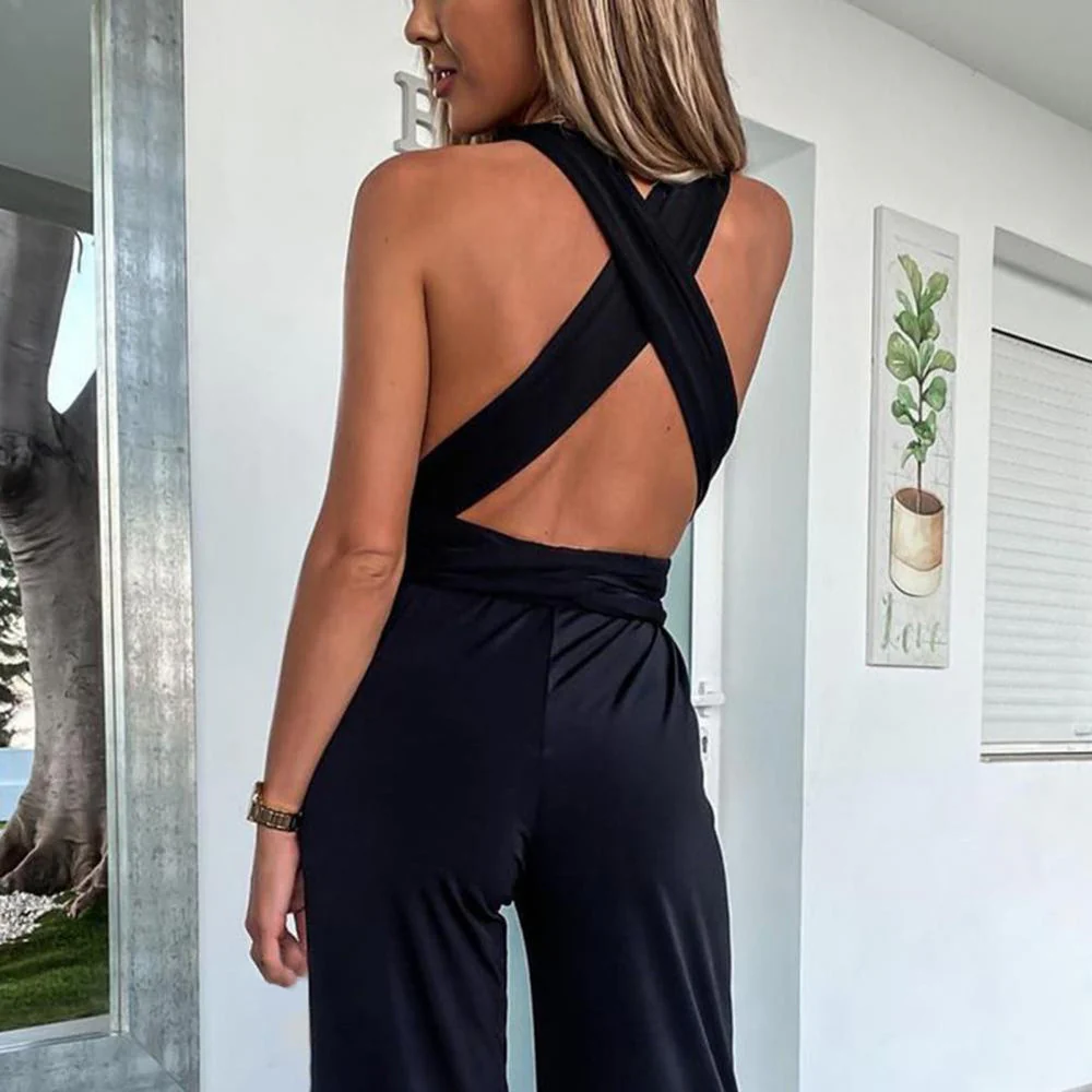 Ladies Jumpsuit - Sleeveless - V-Neck - Wide Legs - Elegant Waist Belt - Image 4