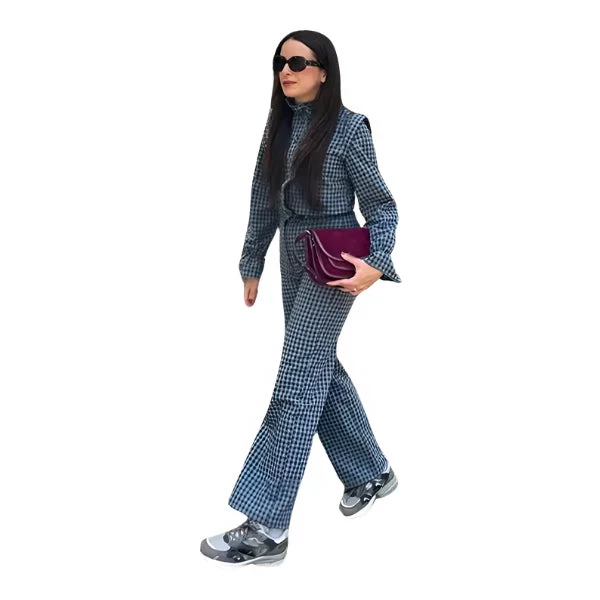 Women's Jumpsuit - Checked Pattern - High Neck - Fitted Model - Long Sleeves - Image 2