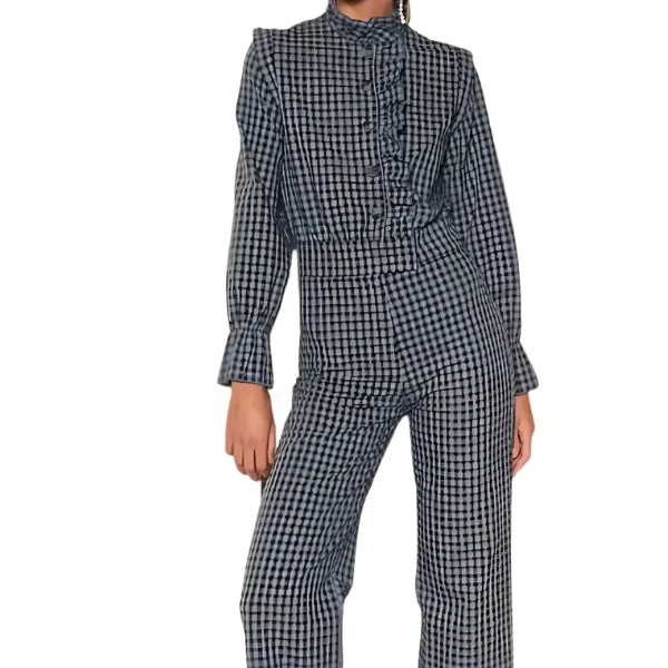 Women's Jumpsuit - Checked Pattern - High Neck - Fitted Model - Long Sleeves - Image 4