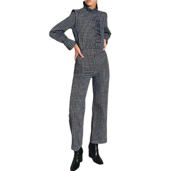 Women's Jumpsuit - Checked Pattern - High Neck - Fitted Model - Long Sleeves - Image 5