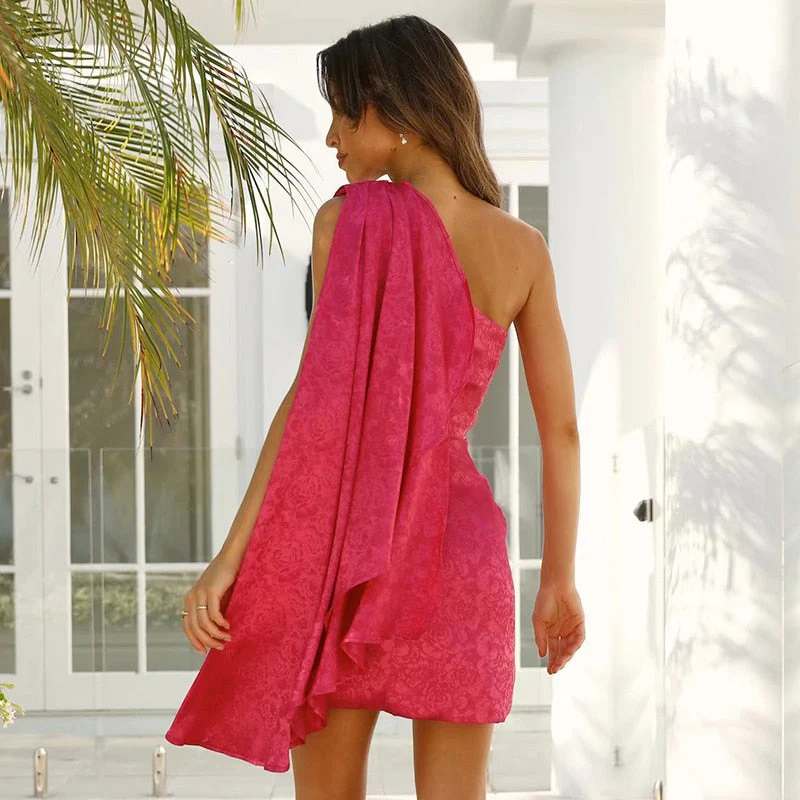 Ladies Dress - Asymmetrical One-Shoulder Design - Elegant Sheen - Waist Cut-Out - Mini Draped - Image 4