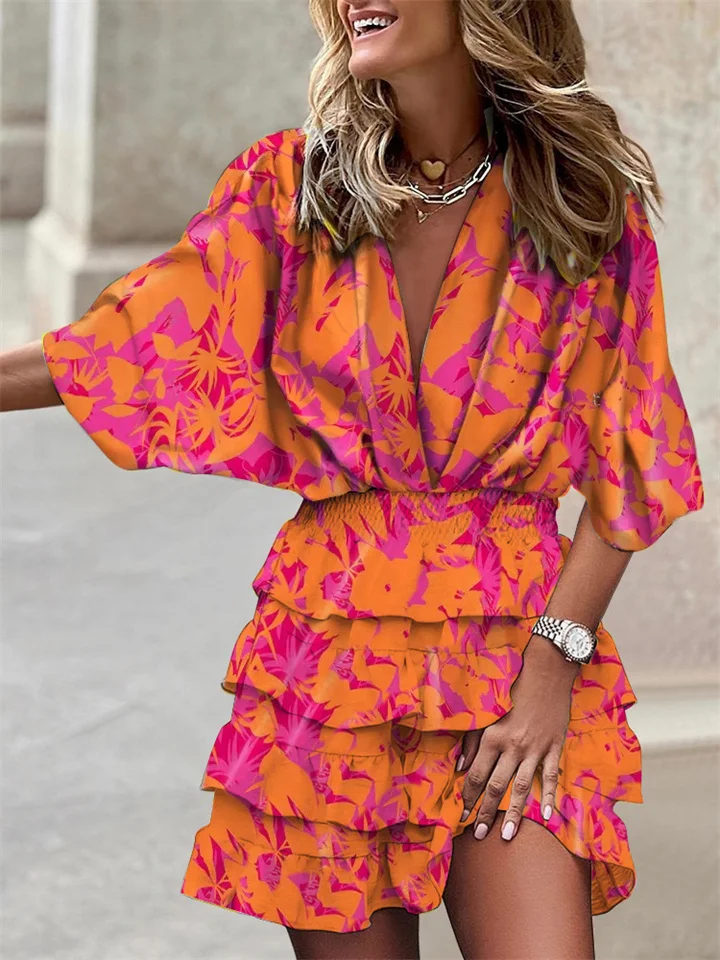 Women's Dress – V-Neck – Wide Sleeves – Elastic Waist – Ruffles – Airy Fit - Image 4