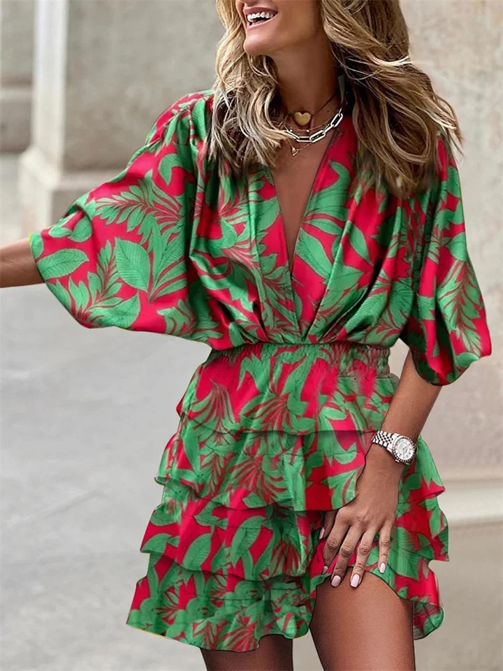 Women's Dress – V-Neck – Wide Sleeves – Elastic Waist – Ruffles – Airy Fit - Image 5