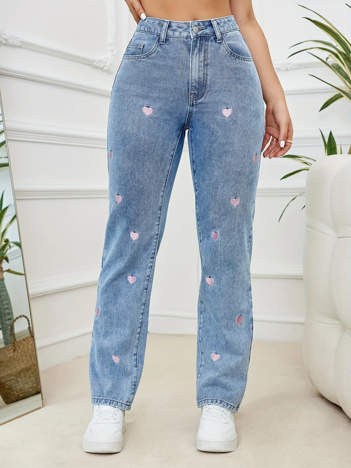 Women's Jeans - High Waist - Straight Leg - Embroidered Hearts - Casual Comfort Fit - Image 4