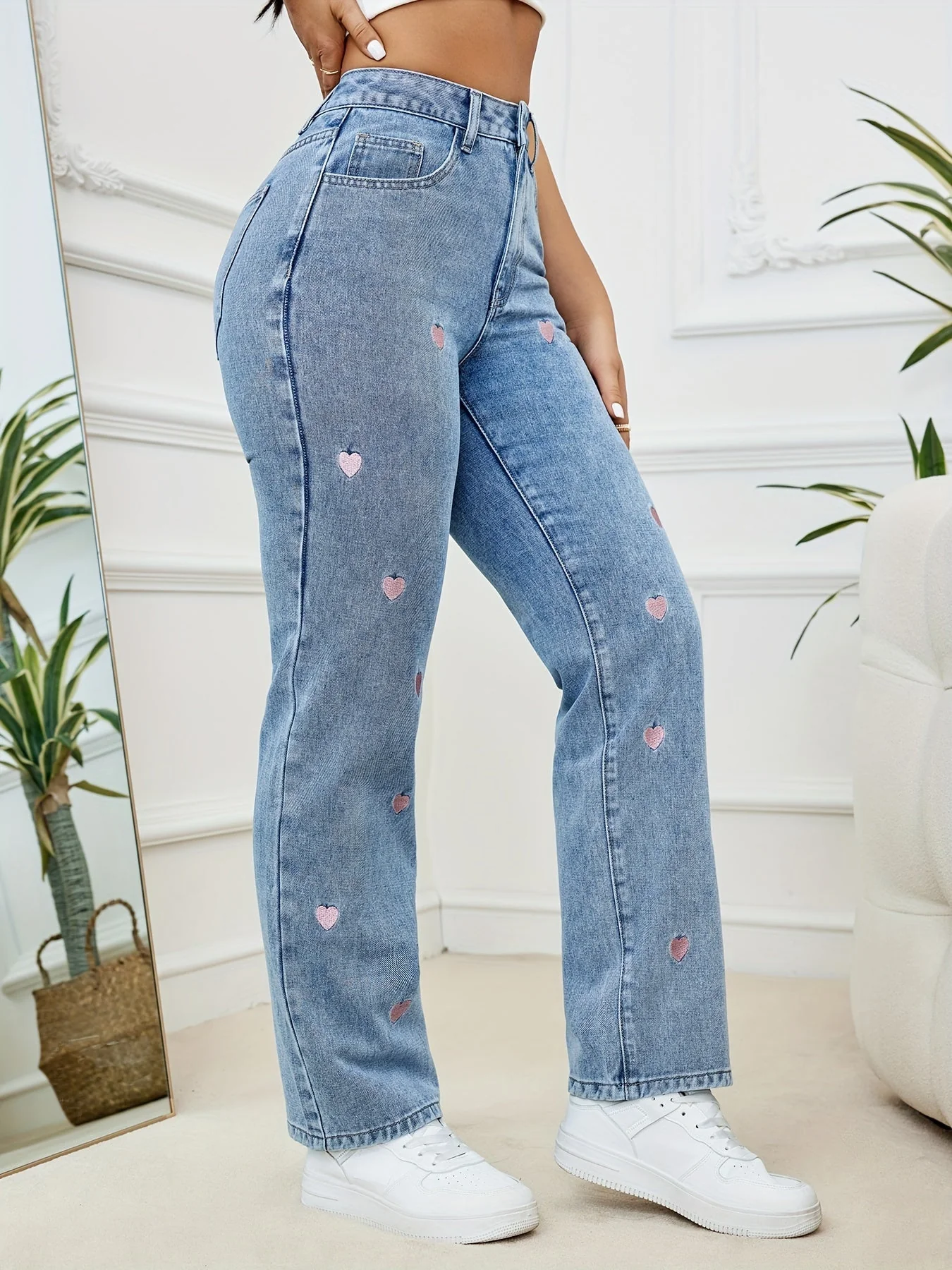 Women's Jeans - High Waist - Straight Leg - Embroidered Hearts - Casual Comfort Fit - Image 5