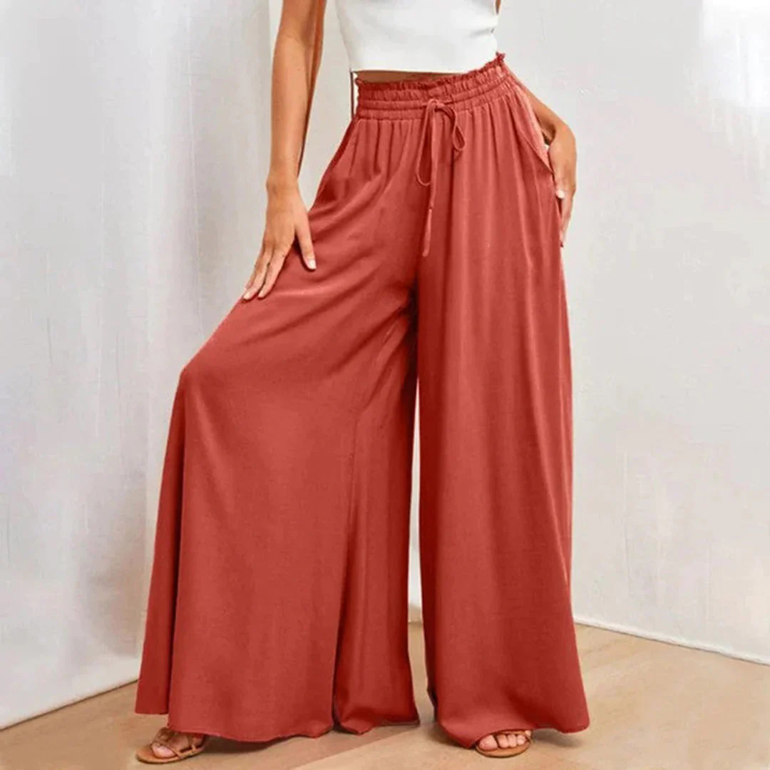 Ladies Pants - High Waist - Wide Legs - Elastic Waistband with Drawstring - Airy Fit - Image 2