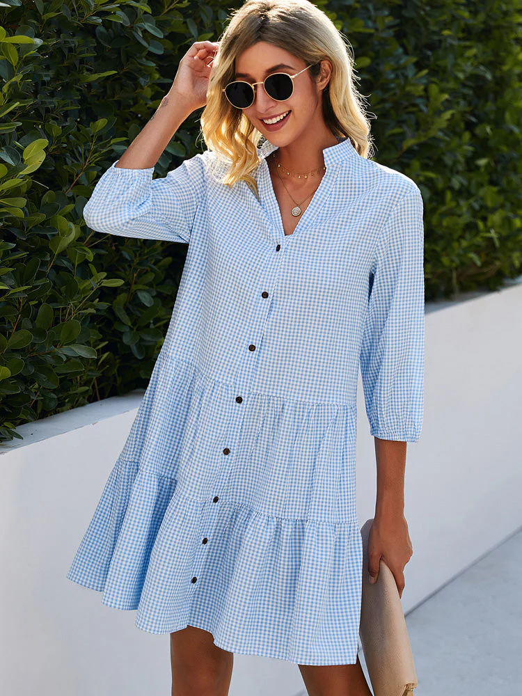 Ladies Dress - Button Closure - Three-Quarter Sleeve - Centered Model - Checked Fabric - Image 4