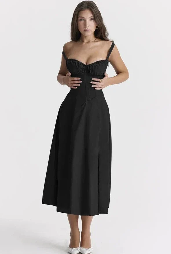 Women's Dress – Fitted Corset Top – A-line Midi – Split – Elegant Fit - Image 3