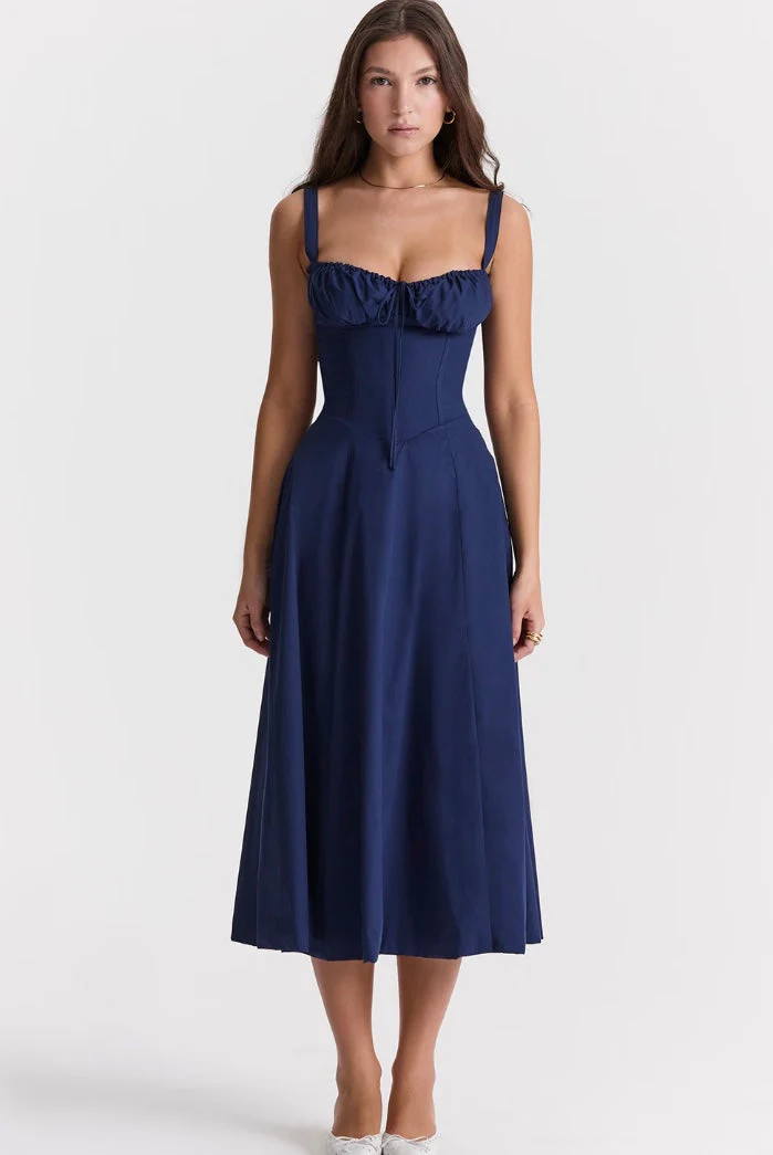 Women's Dress – Fitted Corset Top – A-line Midi – Split – Elegant Fit - Image 6