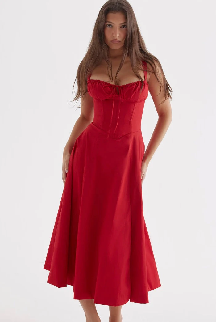 Women's Dress – Fitted Corset Top – A-line Midi – Split – Elegant Fit - Image 9