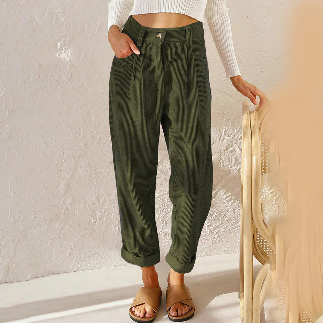 Women's Trousers - High Waist - Fitted with Pleat - Tapered Fit - Ribbed Comfort Design - Image 4