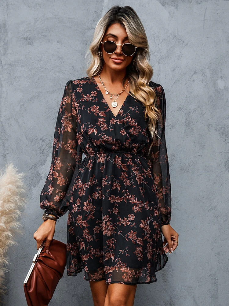 Women's Dress – V-Neck – Long Sleeves – Fitted – Airy A-Line – Floral Print - Image 3