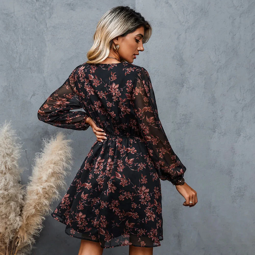 Women's Dress – V-Neck – Long Sleeves – Fitted – Airy A-Line – Floral Print - Image 4