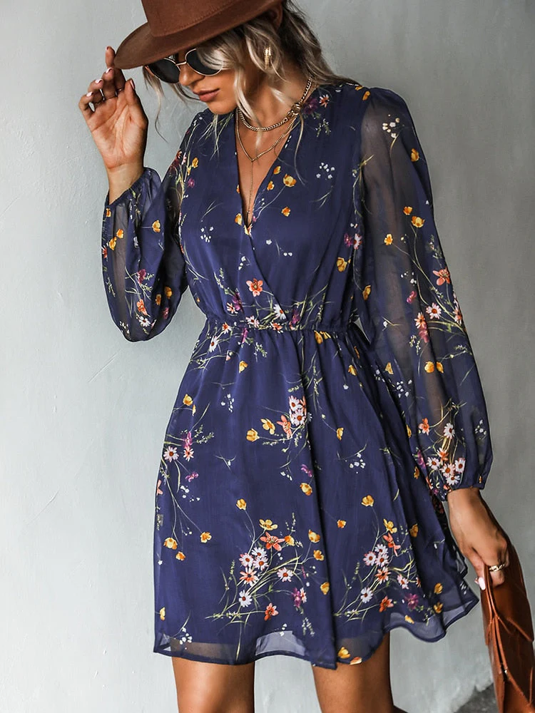 Women's Dress – V-Neck – Long Sleeves – Fitted – Airy A-Line – Floral Print - Image 5