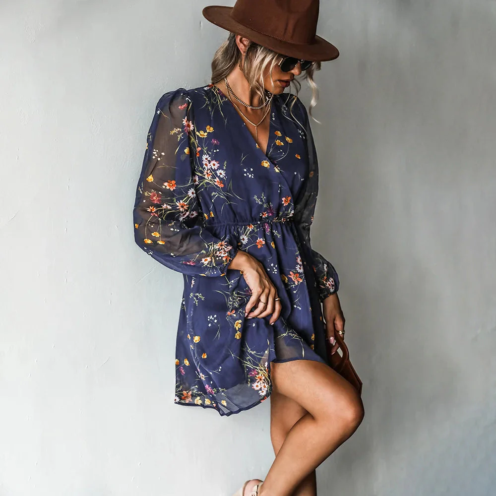 Women's Dress – V-Neck – Long Sleeves – Fitted – Airy A-Line – Floral Print - Image 6