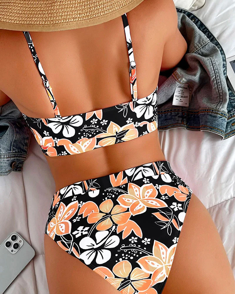 Women's Bikini Set – High Waist – Crop Top – Adjustable Straps – Floral Print - Image 2